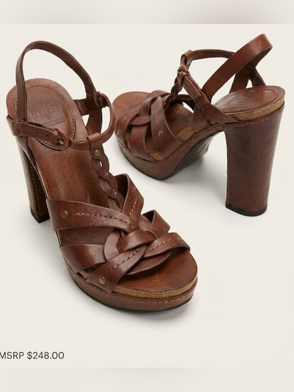FRYE Grace Woven T-Strap Platform Block Heel Sandals | Brown | Size 10M